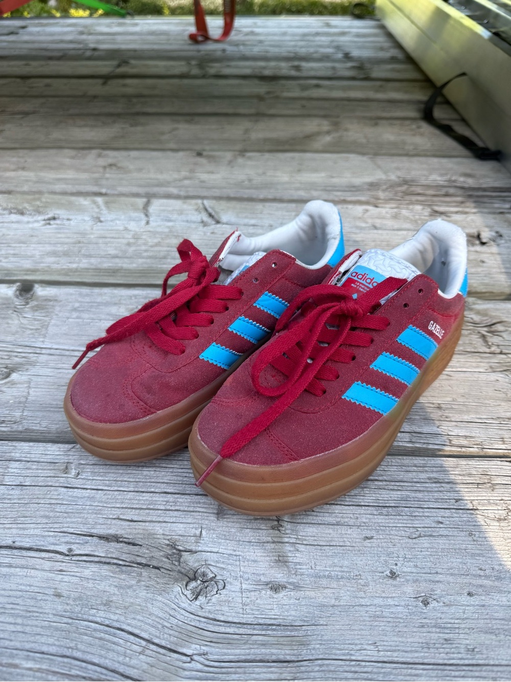 adidas Gazelle platform Red Suede Sneakers with Blue Stripes and Gum Sole, size5